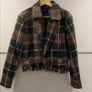 Oat New York Green Plaid Fringed Cropped Blazer